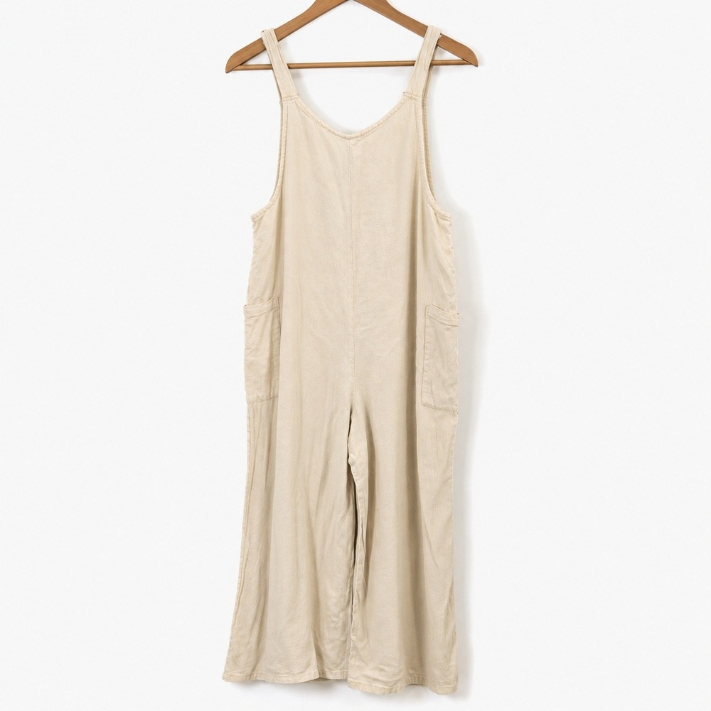 Hunter & Brown Oatmeal Linen Blend Wide Leg Jumpsuit Medium VGUC